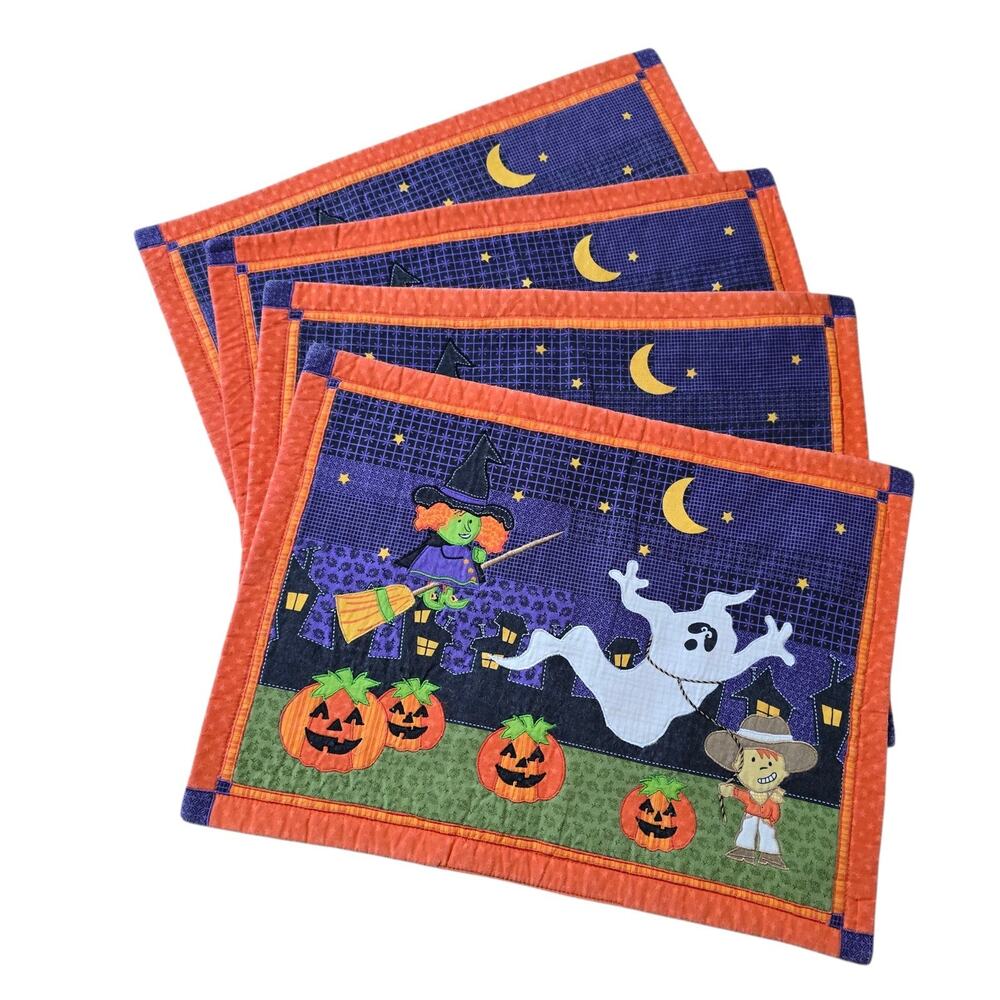 Vtg Y2K Set 4 Quilted Halloween Placemats Cowboy Ghost Witch Pumpkin Fall Autumn